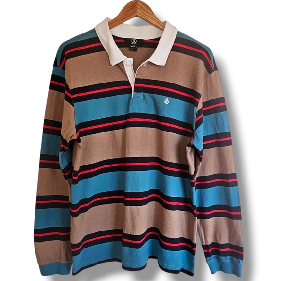 Volcom Other - Volcom Rugby Shirt Men Size M Striped Tan Turquoise Red Polo White Collar Preppy